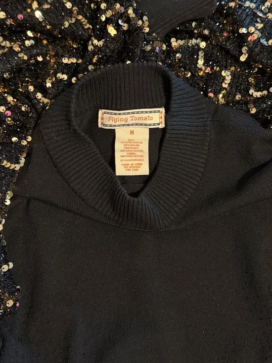 Flying Tomato Black Sweater with Gold-Accent Sequin Grid Sleeves - Picture 5 of 8